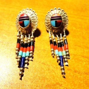 Vtg Navajo Sterling Silver Turquoise Coral Lapis Southwestern Earrings
